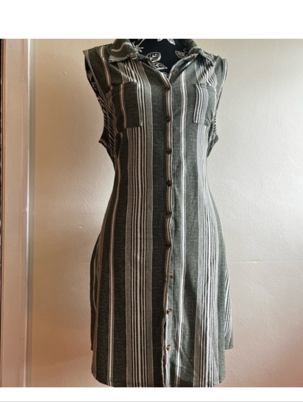 No Boundaries Olive & White Striped Sleeveless Button-Up Shirt Dress